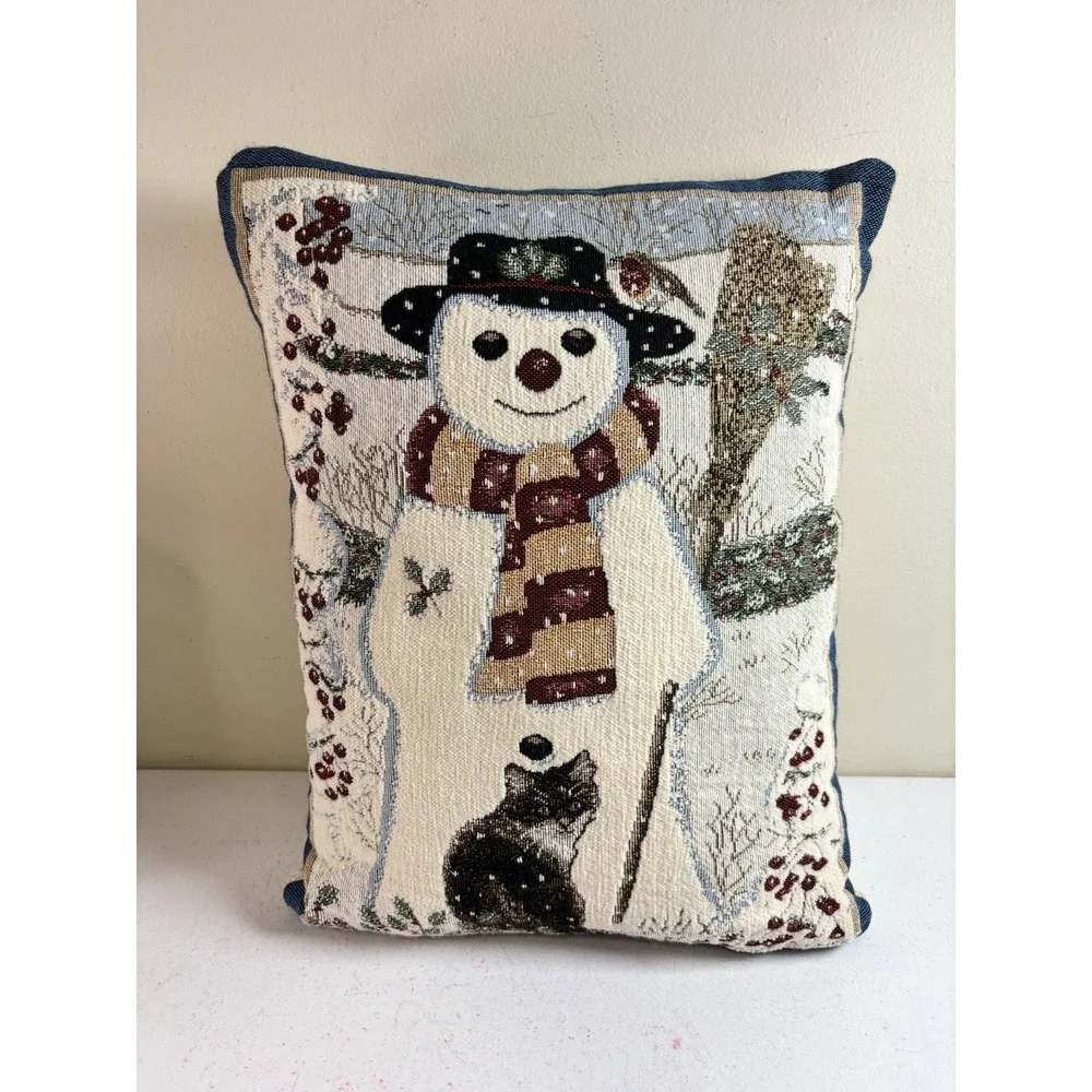 Vintage Holiday Winter Snowman Pillow Tapestry Cat Kitten Anne Mortimer 12